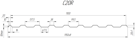 Профнастил С20R 1150/1100x0,35 мм, цинк